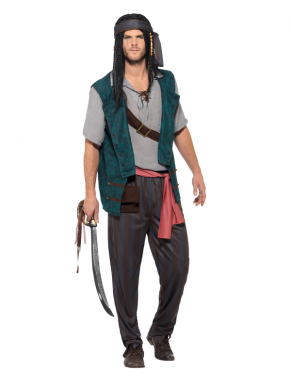  Pirate Deckhand Kostuum, bestaande uit de broek met shirt en gilet, lint, buidel en bandana. Bekijk hier al onze Piraten accessoires