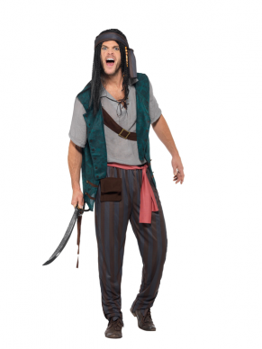  Pirate Deckhand Kostuum, bestaande uit de broek met shirt en gilet, lint, buidel en bandana. Bekijk hier al onze Piraten accessoires