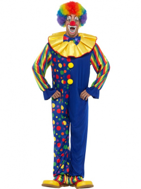  Deluxe Clown Kostuum, Multi-Coloured, bestaande uit de multi-gekleurde Jumpsuit met kraag en LED Light Up strik. Maak de look compleet met bijpassende accessoires zoals pruik, schmink, schoenen, neus etc.