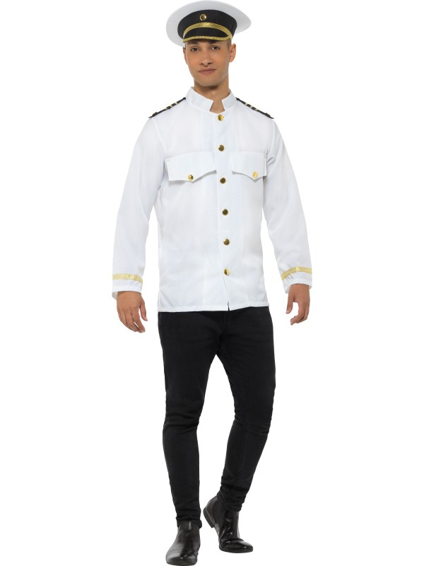 Wit Kapiteins Jack mooi te combineren op een eigen zwarte broek, maak de look compleet met bijpassende pet en zonnebril.