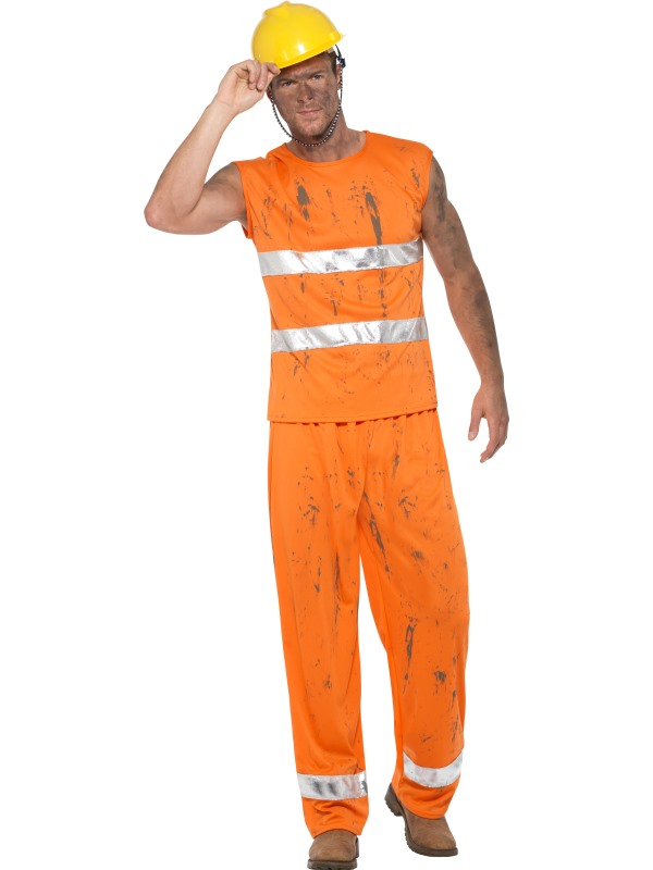  Mijnwerkers Kostuum, bestaande uit de oranje broek met hesje en helm. Je bent in één keer klaar voor welk feestje dan ook.