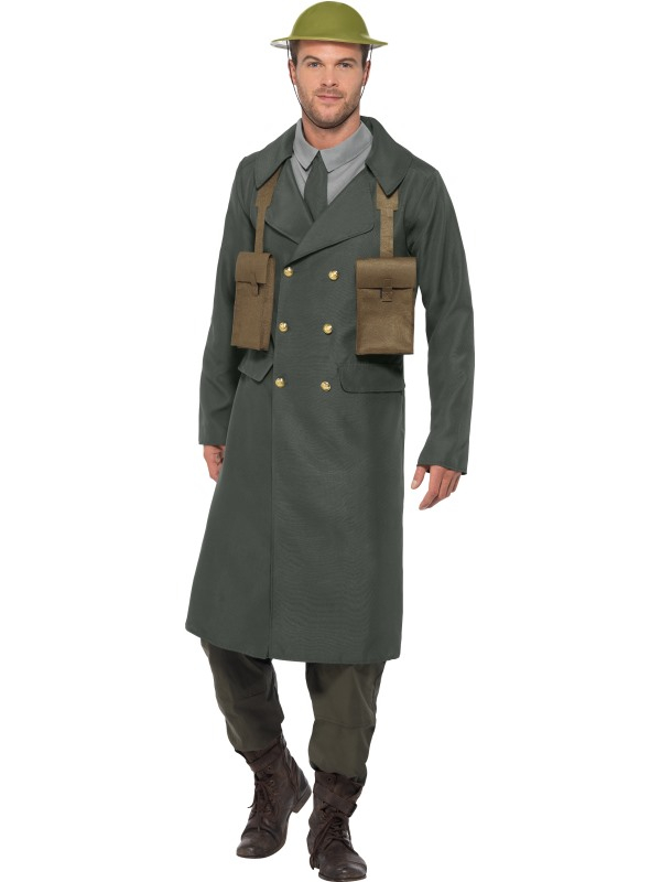 WW2 British Office Trench Coat Kostuum, bestaande uit de legergroene jas, mock shirt, stropdas en munitiezakje. Leuk te combineren met de WW2 Tommy Helm.