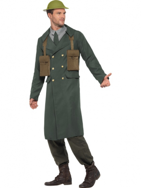WW2 British Office Trench Coat Kostuum, bestaande uit de legergroene jas, mock shirt, stropdas en munitiezakje. Leuk te combineren met de WW2 Tommy Helm.