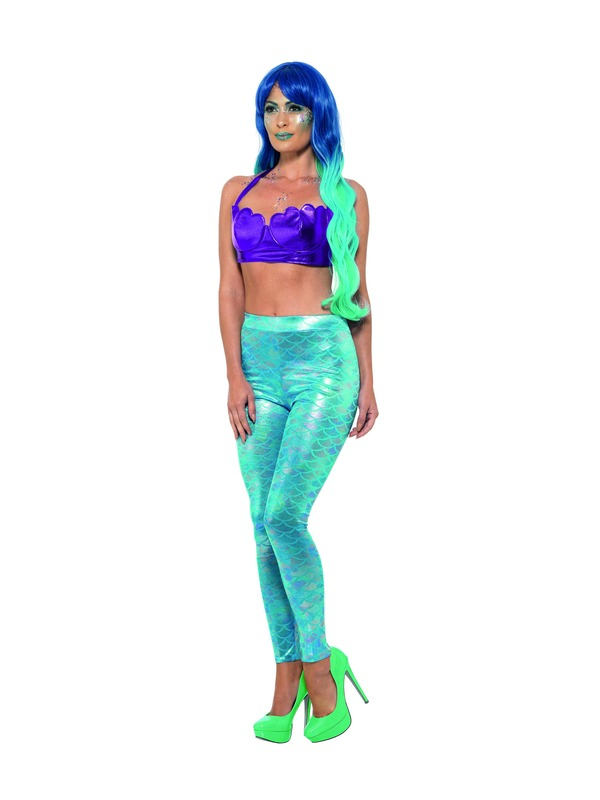 Mermaid Legging Blauw/Groen. Leuk te combineren met bijpassend schelpen topje en pruik.