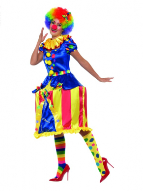 Deluxe Light Up Carousel Clown Kostuum, bestaande uit de  Multi-Gekleurde LED Hooped Jurk, hoofdband en kraag. Maak de look compleet met bijpassende accessoires zoals pruik, kousen en neus.