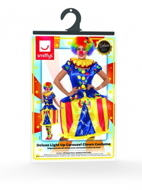 Deluxe Light Up Carousel Clown Kostuum, bestaande uit de  Multi-Gekleurde LED Hooped Jurk, hoofdband en kraag. Maak de look compleet met bijpassende accessoires zoals pruik, kousen en neus.