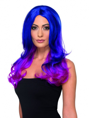 Fashion Ombre Pruik, Wavy, Long, Blue & Pink, Heat Resistant/ Styleable.