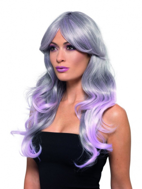 Fashion Ombre Pruik, Wavy, Long, Grey & Pastel Pink, Heat Resistant/ Styleable.