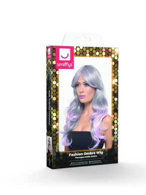 Fashion Ombre Pruik, Wavy, Long, Grey & Pastel Pink, Heat Resistant/ Styleable.