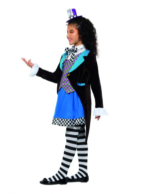Bekend van Alice in Wonderland, Deluxe Little Miss Hatter Kostuum, bestaande uit de jurk met aangehecht jasje, sjaaltje en hoedje. Maak de look compleet met de bijpassende panty.