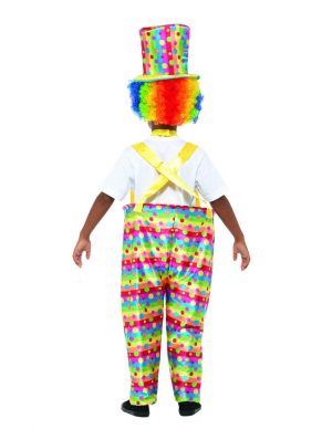 Boys Clown Kostuum, bestaande uit de Multi-gelkleurde, broek met stropdas en hoed.Maak de look compleet met de bijpassende pruik en schmink.