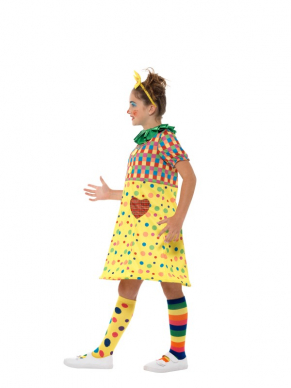 Girls Clown Kostuum, bestaande uit een Multi-Gekleurde jurk met hoofdband en kraag. Maak de look af met bijpassende schmink.