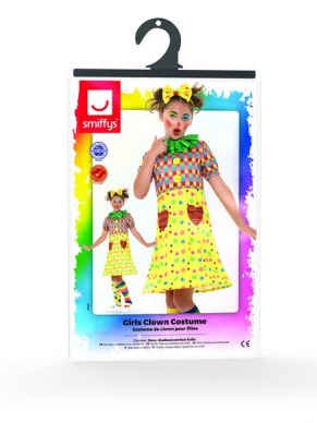 Girls Clown Kostuum, bestaande uit een Multi-Gekleurde jurk met hoofdband en kraag. Maak de look af met bijpassende schmink.