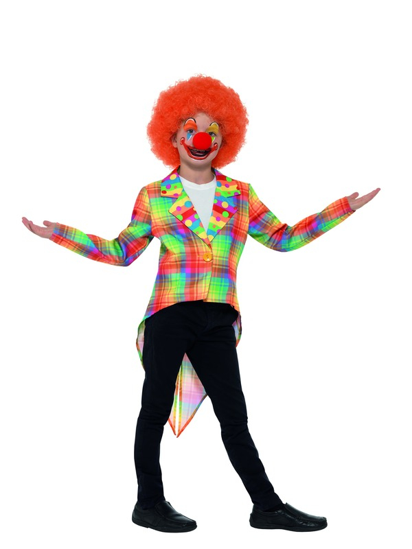  Multi-gekleurde Neon Tartan Clown Tailcoat, leuk te combineren op een eigen broek. Maak de look compleet met bijpassende pruik en schmink.