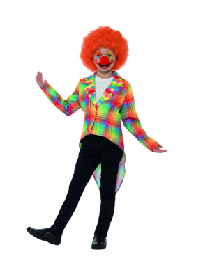  Multi-gekleurde Neon Tartan Clown Tailcoat, leuk te combineren op een eigen broek. Maak de look compleet met bijpassende pruik en schmink.