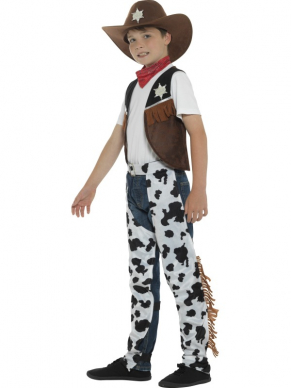 Texan Cowboy Kostuum, bestaande uit het giletje en de broekcover (chaps), hoed, sjaaltje en badge.
