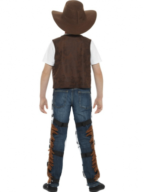 Texan Cowboy Kostuum, bestaande uit het giletje en de broekcover (chaps), hoed, sjaaltje en badge.
