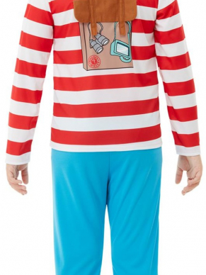  Where's Wally? Deluxe Kostuum, bestaande uit het rood/wit gestreepte shirt met 3D print, blauwe broek, hoed en bril. Met dit kostuum ben je in één keer klaar om te feesten.