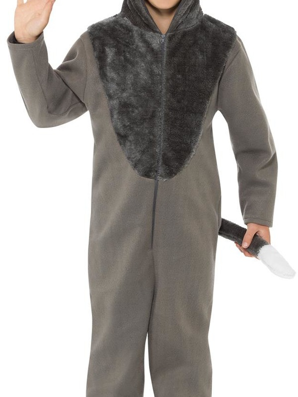Wolf Kostuum, bestaande uit een grijze hooded jumpsuit. Leuk voor Cranaval of gewoon voor in de verkleedkist.