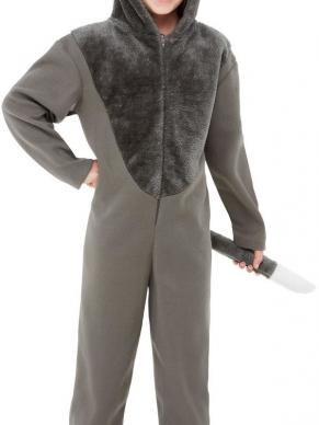 Wolf Kostuum, bestaande uit een grijze hooded jumpsuit. Leuk voor Cranaval of gewoon voor in de verkleedkist.