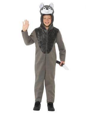 Wolf Kostuum, bestaande uit een grijze hooded jumpsuit. Leuk voor Carnaval of gewoon voor in de verkleedkist.