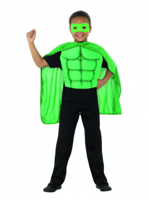 Groene Kids Superhero Kit, bestaande uit de groene cape met oogmasker. Ook verkrijgbaar in andere kleuren.
 