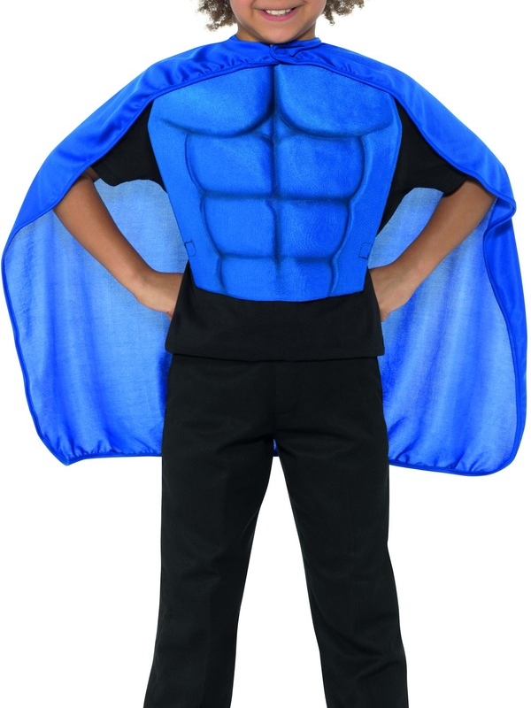  Kids Superhero Kit, bestaande uit de blauwe cape met oogmasker. Ook verkrijgbaar in andere kleuren.