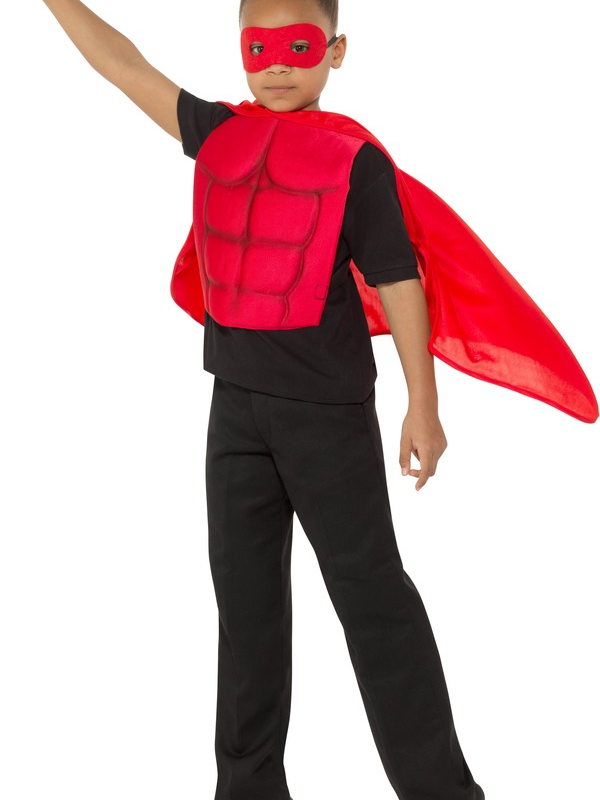  Kids Superhero Kit, bestaande uit de rode cape met oogmasker. Ook verkrijgbaar in andere kleuren.