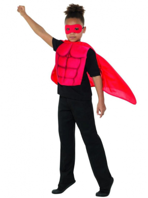  Kids Superhero Kit, bestaande uit de rode cape met oogmasker. Ook verkrijgbaar in andere kleuren.