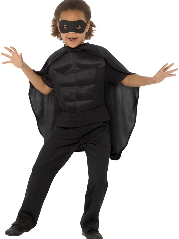  Kids Superhero Kit, bestaande uit de zwarte cape met oogmasker. Ook verkrijgbaar in andere kleuren.