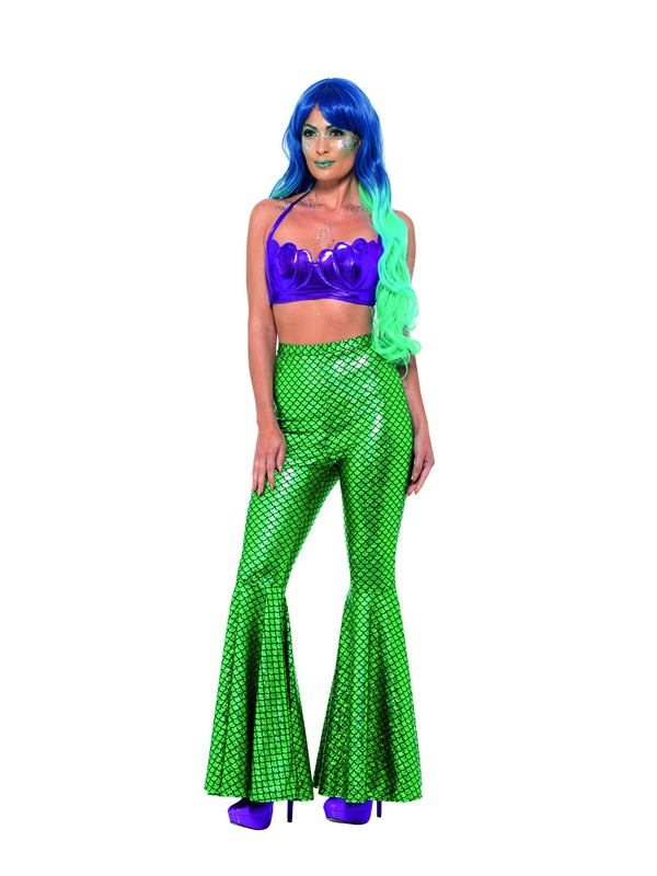  Prachtige groene Mermaid broek met uitlopende pijpen, leuk te combineren met onze Mermaid Shell Bikinitop en bijpassende pruik.