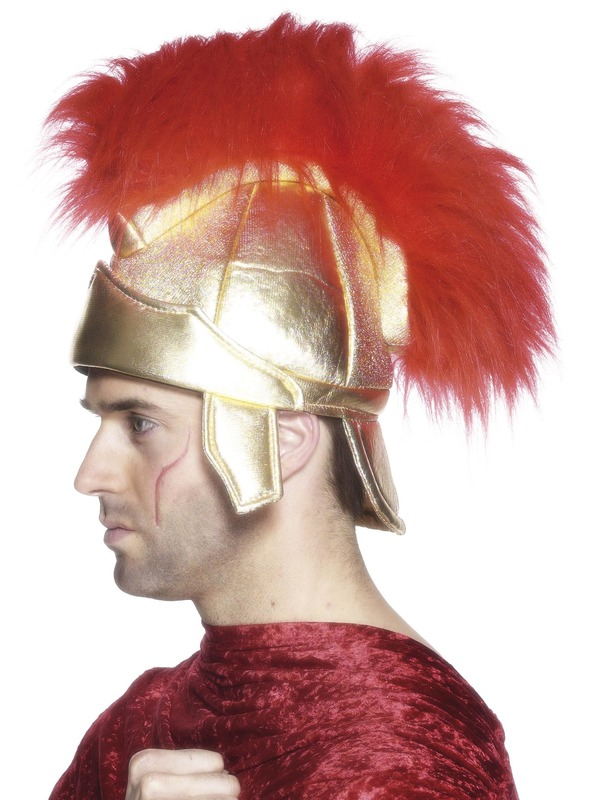 Goudkleurige Romeinse Soldaten Helm met rode pluim.