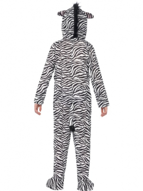 Leuke Zebra Onsie Kostuum voor kinderen, bestaande uit de zwart/witte jumpsuit met aangehechte capuchon. Leuk voor Carnaval of gewoon voor thuis.