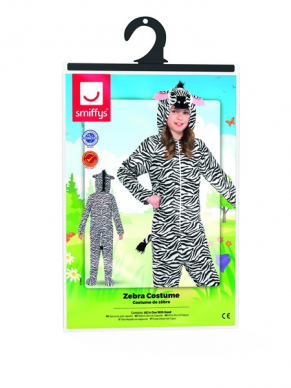 Leuke Zebra Onsie Kostuum voor kinderen, bestaande uit de zwart/witte jumpsuit met aangehechte capuchon. Leuk voor Carnaval of gewoon voor thuis.