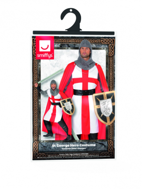  St George Hero Kostuum, bestaande uit het tuniek met cape, hoofdpeace, manchetten en riem. Maak de look compleet met bijpassende accessoires.