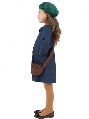 World War II Evacuee Girl Kostuum, bestaande uit de blauwe jurk met hoed en tasje.