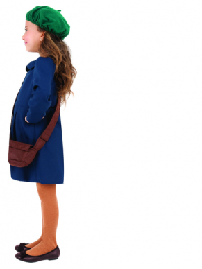  World War II Evacuee Girl Kostuum, bestaande uit de blauwe jurk met hoed en tasje.