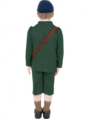 World War II Evacuee Boy Kostuum, bestaande uit de groene jase met broek, hoed en tas. Wij verkopen nog meer WW2 Kostuums.