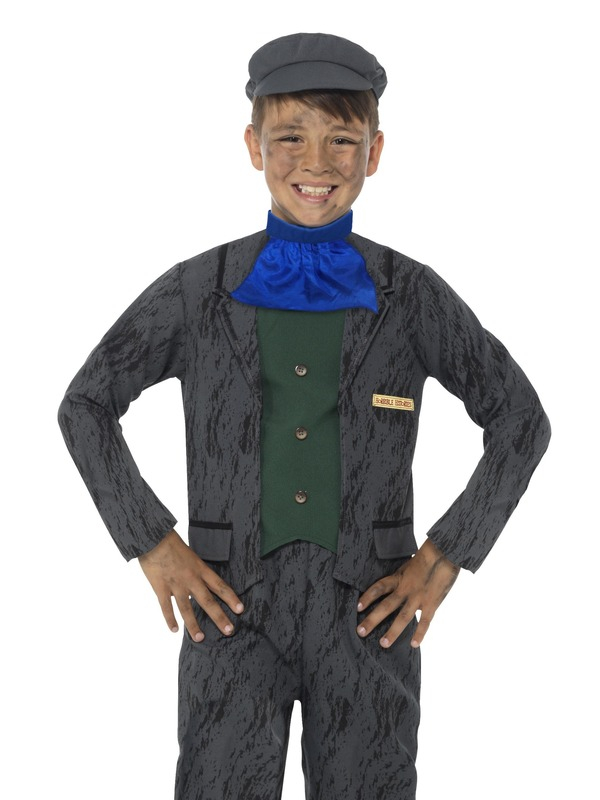  Horrible Histories Miner Kostuum, bestaande uit de top met broek, das en hoed. Leuk voor Carnaval of een Musical.