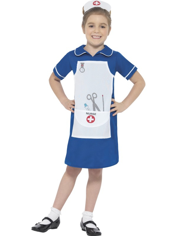 Nurse Kostuum voor meisjes, bestaande uit het blauwe jurkje met hoofdkapje. Maak de look compleet met een stethoscoop.