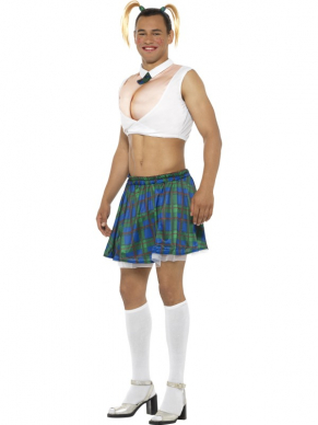 Sexy School Girl Kostuum voor heren, bestaande uit de rok met padded geprinte top en haarband.