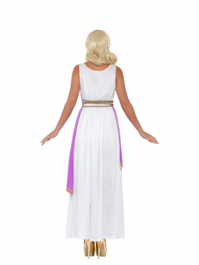 Griekse Godin Kostuum, bestaande uit een lange witte jurk met paarse overslag, riem en haarband. Maak de look compleet met bijpassende sieraden en pruik.