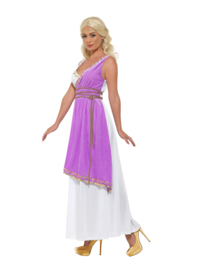 Griekse Godin Kostuum, bestaande uit een lange witte jurk met paarse overslag, riem en haarband. Maak de look compleet met bijpassende sieraden en pruik.