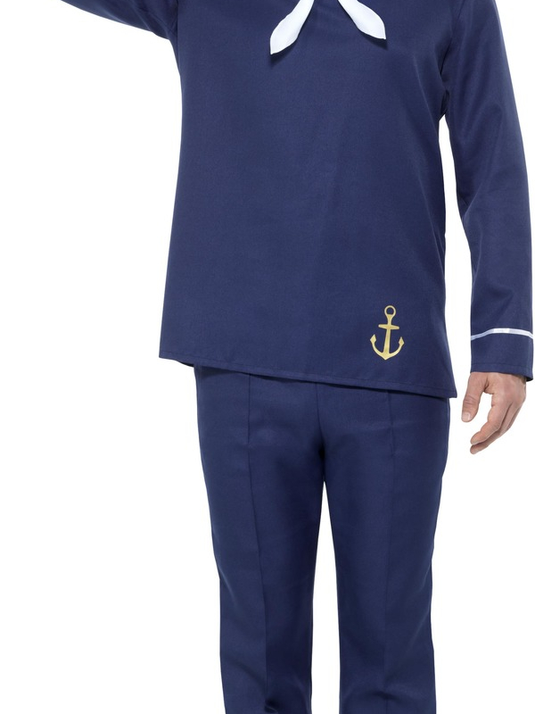  Sailor Man Kostuum, bestaande uit de top met broek en hoedje. Wij verkopen ook het bijpassende dame Sailor kostuum.