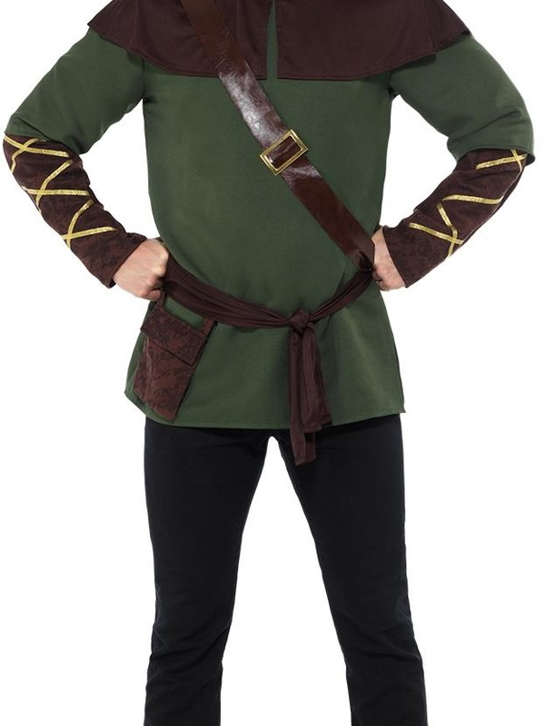 Robin Hood Kostuum, bestaande uit de groene tuniek met cape, sjerp en riem. Maak de look compleet met bijpassende accessoires. Wij verkopen ook het bijpassende dames kostuum.