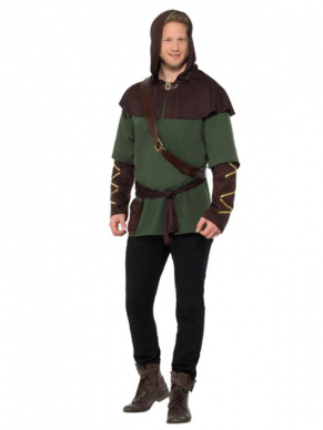 Robin Hood-kostuum, bestaande uit de groene tuniek met cape, sjerp en riem. Maak de look compleet met bovenstaande accessoires. Wij verkopen ook het ingewikkelde dameskostuum.