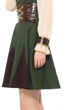  Robin Hood Lady Kostuum, bestaande uit het groen/bruine jurkje met hooded cape. Maak de look compleet met pijl & boog en mooie pruik. Wij verkopen ook het bijpassende heren kostuum.