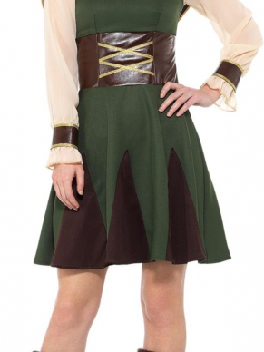 Robin Hood Lady Kostuum, bestaande uit het groen/bruine jurkje met hooded cape. Maak de look compleet met pijl & boog en mooie pruik. Wij verkopen ook het bijpassende heren kostuum.