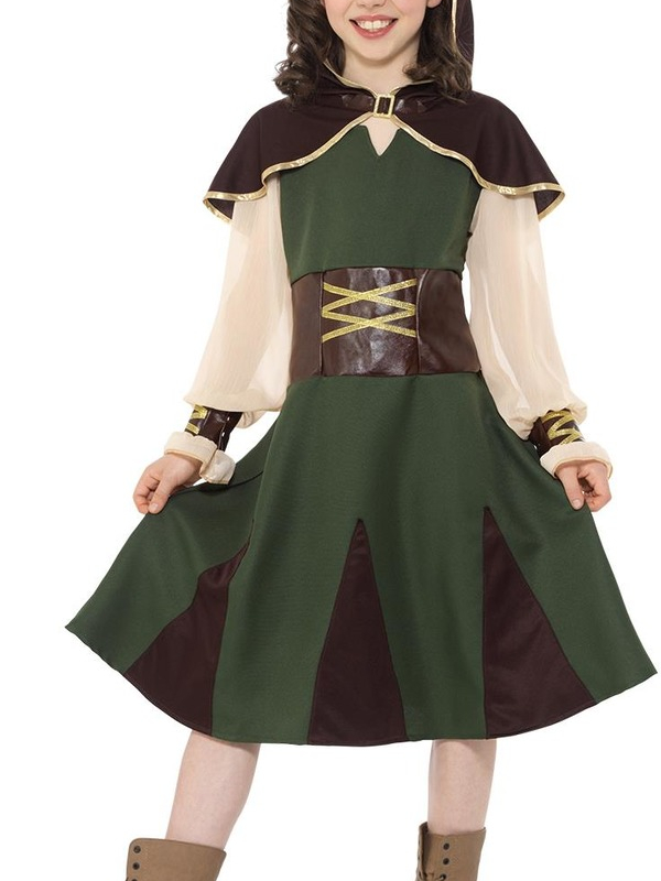 Robin Hood Girl Kostuum, bestaande uit het groen/bruine jurkje met hooded cape. Maak de look compleet met bijpassende accessoires. Wij verkopen ook het Robin Hood Boy Kostuum.