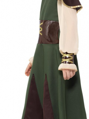 Robin Hood Girl Kostuum, bestaande uit het groen/bruine jurkje met hooded cape. Maak de look compleet met bijpassende accessoires. Wij verkopen ook het Robin Hood Boy Kostuum.